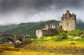 Eilean Donan castle with yellow seaweed and stormy sky