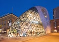 Organic shaped blob building in Eindhoven center at twilight, The Netherlands