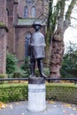 Eindhoven, Netherlands, November 2019. Statue of a little drummer near the Catholic Church of St. Catherine. Golden Autumn in Royalty Free Stock Photo