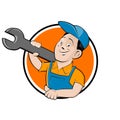 Company sign with happy craftsman holding a wrench