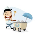 Funny asian ice cream seller with ice cream cart