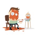 Funny cartoon illustration of a dad feeding the baby