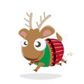 Funny cartoon illustration of a little reindeer in christmas outfit