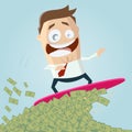 Funny cartoon businessman surfing on money wave