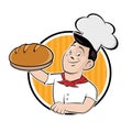 Funny cartoon sign of a baker holding a delicious bread