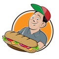 Cartoon logo of a happy man serving a long sandwich Royalty Free Stock Photo