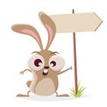 Funny cartoon illustration of a crazy rabbit with important sign