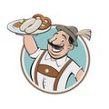 Funny cartoon logo of bavarian man serving traditional bavarian white sausage
