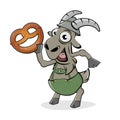 Funny cartoon illustration of a happy bavarian goat with pretzel