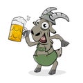 Funny cartoon illustration of a happy bavarian goat with beer