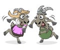 Funny cartoon illustration of dancing goats in bavarian lederhosen and bavarian dirndl