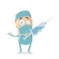 Funny cartoon illustration of a doctor with big vaccine syringe