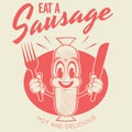 Funny red sausage cartoon logo in retro style