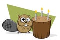 Funny cartoon illustration of a beaver celebrating birthday with wood log Royalty Free Stock Photo