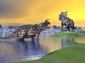 Einiosaurus dinosaurs by sunset - 3D render Royalty Free Stock Photo