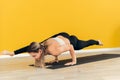 Eka pada bakasana. A young woman stands on a handstand against the background of a yellow wall