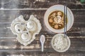 Ekaehla and rice set on the shiny wooden table