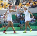 Ekaterina Makarova (L) and Elena Vesnina of Russia in action during women's doubles final of the Rio 2016