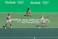 Ekaterina Makarova (L) and Elena Vesnina of Russia in action during women's doubles final of the Rio 2016