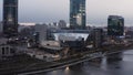 Ekaterinburg city center with Iset River and Yeltsin Center. Stock footage. Aerial view of cityscape with the city pond Royalty Free Stock Photo