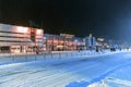Night view of the passenger terminal of Koltsovo Airport. Strong storm and snow falling Royalty Free Stock Photo