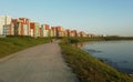 Modern residential high-rise buildings near river. Real estate background.  Apartment building. New builded residential building. Royalty Free Stock Photo