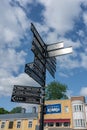 Ekenas, Vastra Nyland / Finland - July 2019: Street sign directing to local famous places and other places of interest