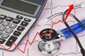 EKG with stethoscope and calculator showing cost of health care Royalty Free Stock Photo