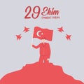 29 ekim Cumhuriyet Bayrami kutlu olsun, turkey republic day, red design soldier with flag and airplanes card