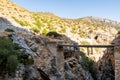 El Caminito del Rey, Spain, old narrow dangerous metal bridge spread between rocks over the precipice at El Chorro gorge.