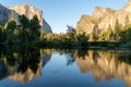 El capitan and bridal veil falls reflected in the merced river on an autumn evening at yosemite national park in Royalty Free Stock Photo