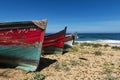Colorful traditional fishing wood boats in a beach near the city of El Jadida in the Atlantic coast of Morocco Royalty Free Stock Photo