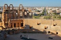 The impressive Roman amphitheater of El Jem, with the city of El Jem in the background