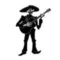 El mariachi skeleton musician. Dia de los muertos guitarist character. Black and white isolated silhouette Vector illustration