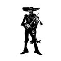 Mariachi skeleton. Dia de los muertos violinist character. Black and white isolated silhouette with contour. Vector illustration