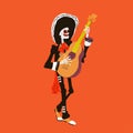 El mariachi skeleton musician. Guitarist character isolated on red background. Dia los muertos vector illustration. Royalty Free Stock Photo