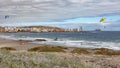 EL MEDANO, TENERIFE, SPAIN - NOVEMBER 04, 2018: Panoramic view of El Medano beach and a group of unidentified kite-surfers