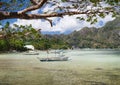 El Nido bay in low tide. Bangka fishing in the shallow water in low tide. Palawan, Philippines Royalty Free Stock Photo