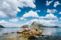 El Nido bay with rocky coast and Cadlao island on sunny day, Palawan, Philippines