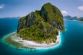 El Nido, Palawan, Philippines. Aerial drone above shot of impressive Pinagbuyutan Island. Amazing white sand Ipil beach Royalty Free Stock Photo