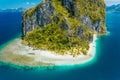 El Nido, Palawan, Philippines. Aerial drone view of impressive Pinagbuyutan Island. Amazing white sand Ipil beach with Royalty Free Stock Photo