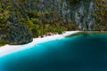 El Nido, Palawan, Philippines. Aerial drone view of solitude tropical hut on Pinagbuyutan Island. Amazing white sand Royalty Free Stock Photo