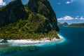 El Nido, Palawan, Philippines. Aerial view of surreal Pinagbuyutan Island. Amazing white sand Ipil beach near turquoise Royalty Free Stock Photo