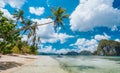 El Nido, Palawan, Philippines. Exotic beach with palm trees, tourist boat on the sandy beach and blue sky with white clouds Royalty Free Stock Photo