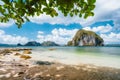 El Nido, Palawan, Philippines. Leaves framed picture of Pinagbuyutan island and beautiful tropical coastline seascape Royalty Free Stock Photo