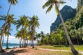 El Nido, Palawan, Philippines. Palm trees on tropical beach with rock cliffs in background. Island hopping boat wait in Royalty Free Stock Photo