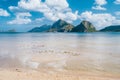 El Nido, Palawan,Philippines. Yacht boat in lagoon of Las Cabanas Beach with amazing mountains in background Royalty Free Stock Photo