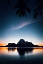 El Nido silhouette of beautiful Cadlao Island in dusk light after sunset in Palawan Island, Philippines