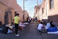 Immigrants staying and sleeping in an alley, waiting to get approved to enter the USA. Title 42. El Paso, Texas, USA