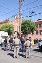 Police and troopers guarding Sacret Heart church as immigrants are awaiting Title 42 ending. El Paso, Texas, USA Royalty Free Stock Photo